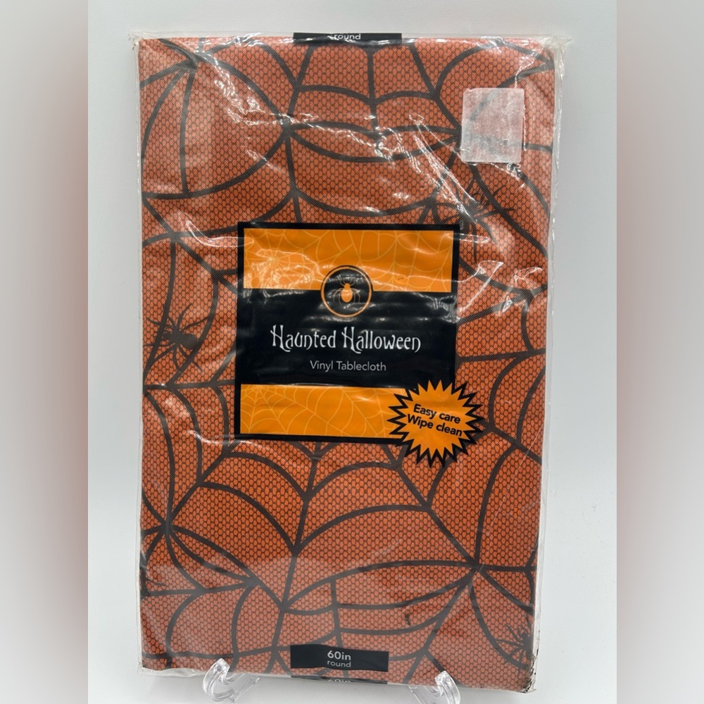 Haunted Halloween Flannel Backed Vinyl Tablecloth Orange Spiderweb 60" Round New